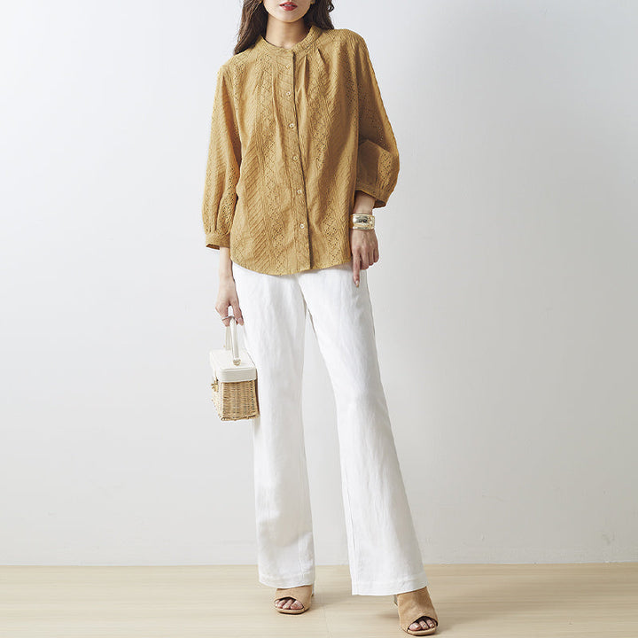 <span>【クーポンで3299円！】</span>【シャツ/ブラウス】『レーシー刺繍で気分あがる』ストライプ刺しゅうブラウス