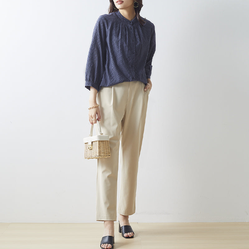<span>【クーポンで3299円！】</span>【シャツ/ブラウス】『レーシー刺繍で気分あがる』ストライプ刺しゅうブラウス