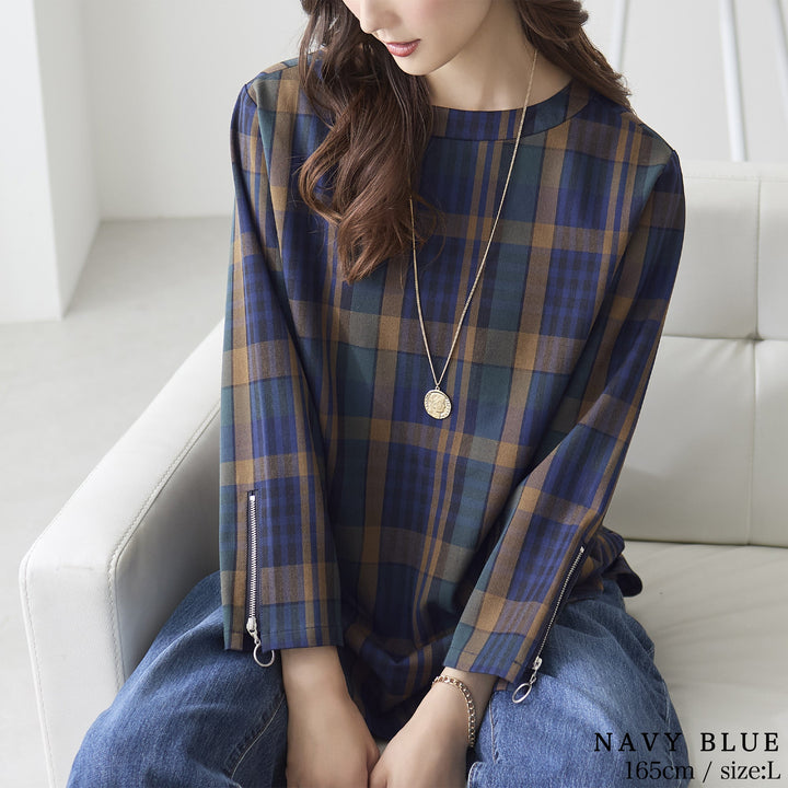 <span>【クーポンで3999円！】</span>【シャツ/ブラウス】『春色チェック、袖のチャームで気分あがる』格子柄ジッパー使いチュニックブラウス