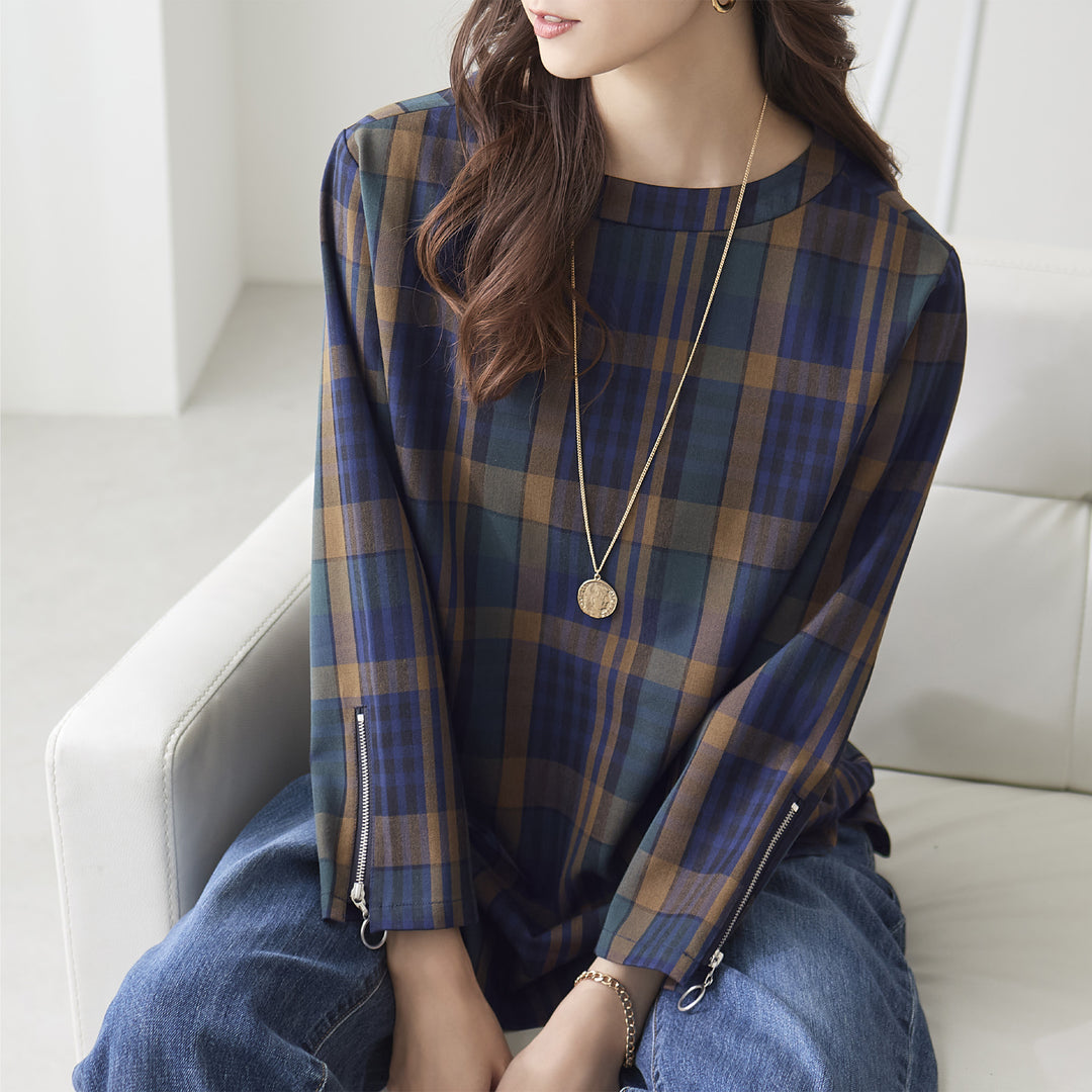 <span>【クーポンで3999円！】</span>【シャツ/ブラウス】『春色チェック、袖のチャームで気分あがる』格子柄ジッパー使いチュニックブラウス