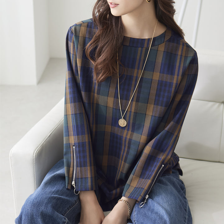 <span>【クーポンで3999円！】</span>【シャツ/ブラウス】『春色チェック、袖のチャームで気分あがる』格子柄ジッパー使いチュニックブラウス