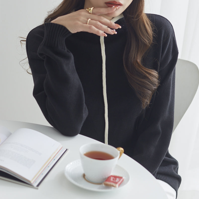 <span>【クーポンで3999円！】</span>【ニット/セーター】『ライン使いであがる、くるんとネック』センター切替配色ニット
(配色ボトルネックセーター)