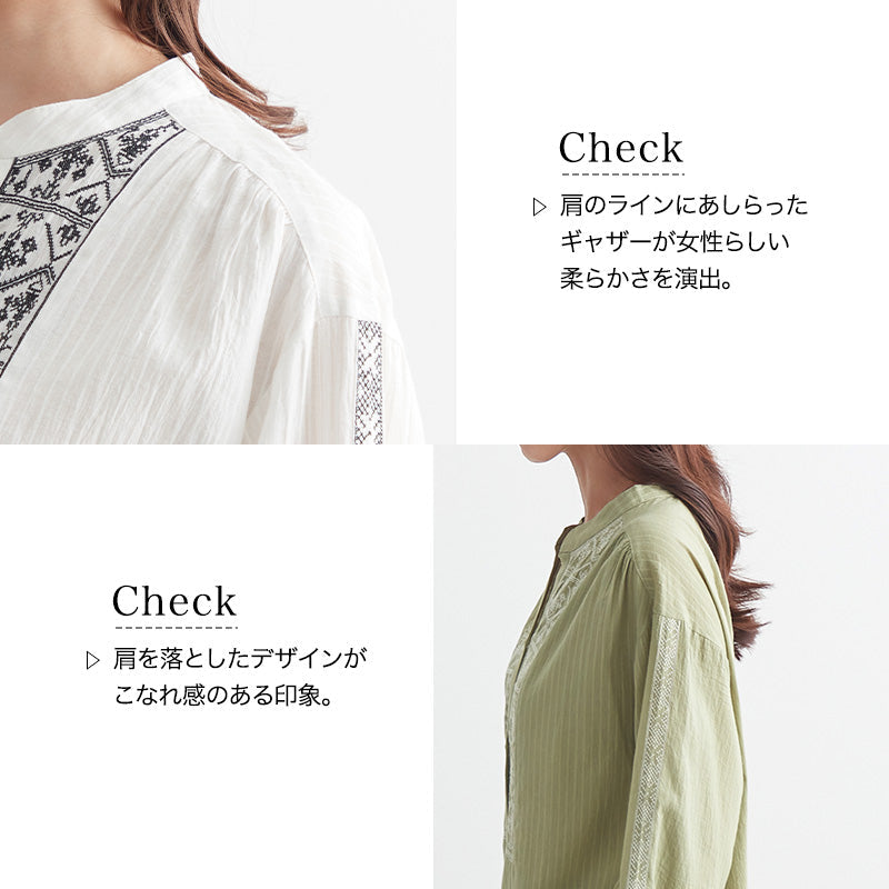 <span>【クーポンで3999円！】</span>【シャツ/ブラウス】『夏映え刺繍』シャドーストライプ刺しゅうチュニック