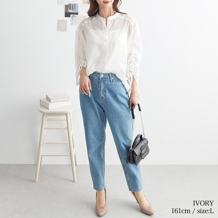 <span>【クーポンで3999円！】</span>【シャツ/ブラウス】『くしゅっと袖で気分あがる』袖シャーリングブラウス