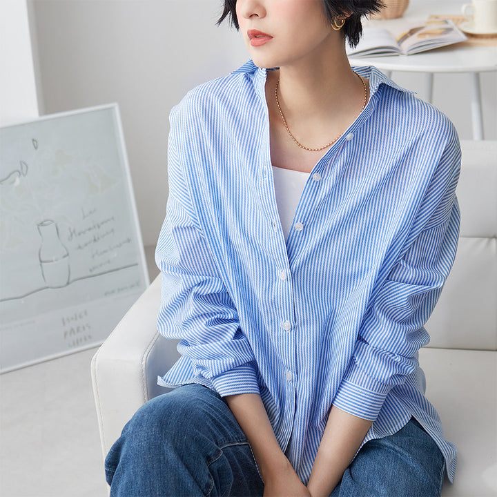 <span>【クーポンで2999円！】</span>【シャツ/ブラウス】『着るだけで映えるシャツ』ストライプゆったりシャツ
