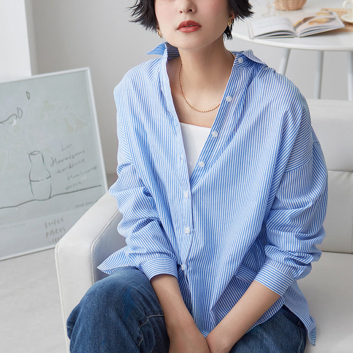 <span>【クーポンで2999円！】</span>【シャツ/ブラウス】『着るだけで映えるシャツ』ストライプゆったりシャツ