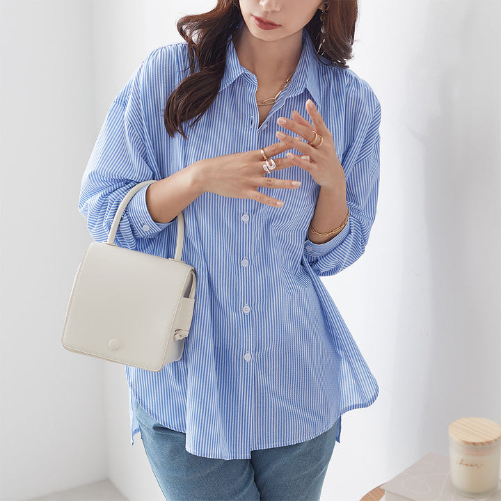 <span>【クーポンで2999円！】</span>【シャツ/ブラウス】『着るだけで映えるシャツ』ストライプゆったりシャツ