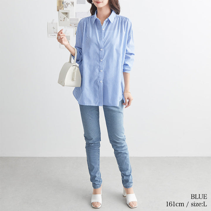 <span>【クーポンで2999円！】</span>【シャツ/ブラウス】『着るだけで映えるシャツ』ストライプゆったりシャツ
