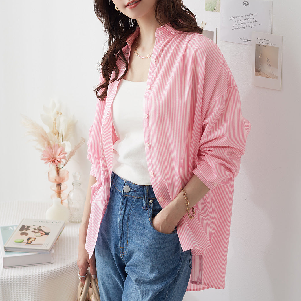 <span>【クーポンで2999円！】</span>【シャツ/ブラウス】『着るだけで映えるシャツ』ストライプゆったりシャツ
