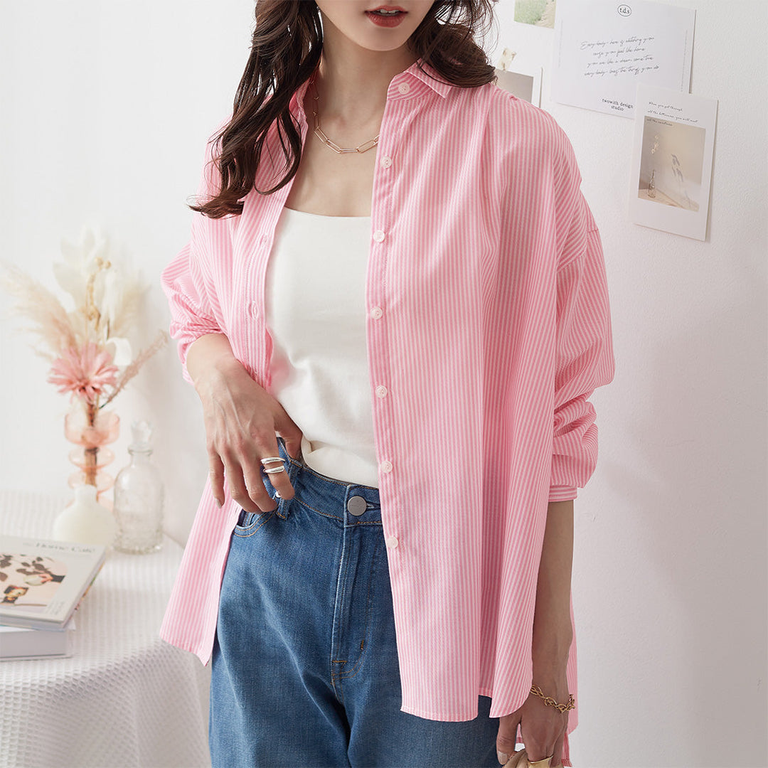 <span>【クーポンで2999円！】</span>【シャツ/ブラウス】『着るだけで映えるシャツ』ストライプゆったりシャツ