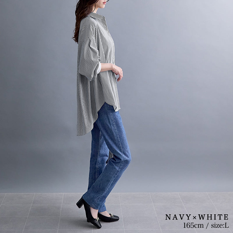 袖リブ付ストライプ切替ブラウス｜トップス レディース トレンド