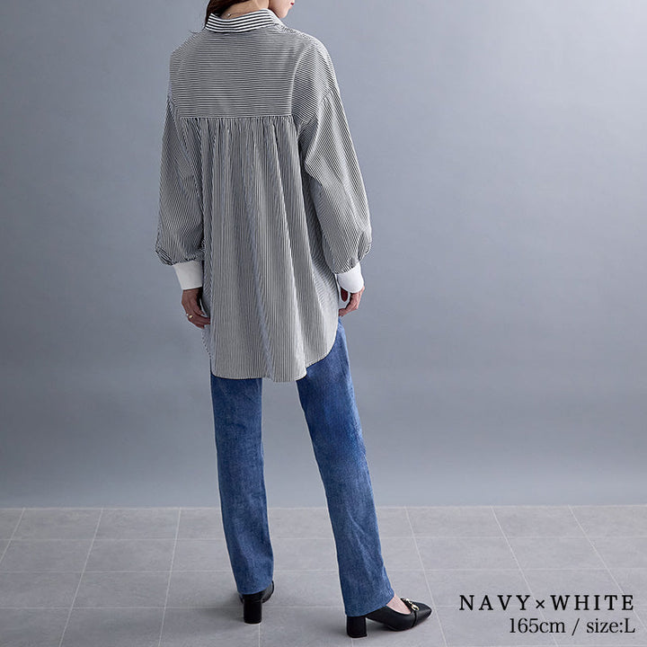 <span>【クーポンで3999円！】</span>【シャツ/ブラウス】『360度こなれたオーバーシャツ』袖リブ付ストライプ切替ブラウス