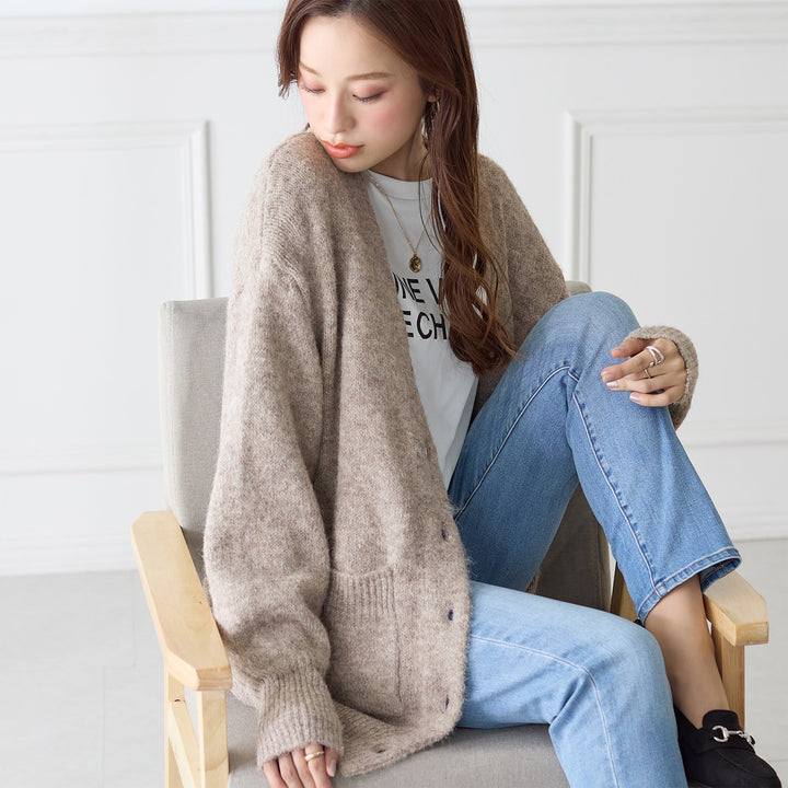 <span>【クーポンで3999円！】</span>【カーディガン】『ふわふわモヘア調カーデ』リブ付きメランジカーディガン
