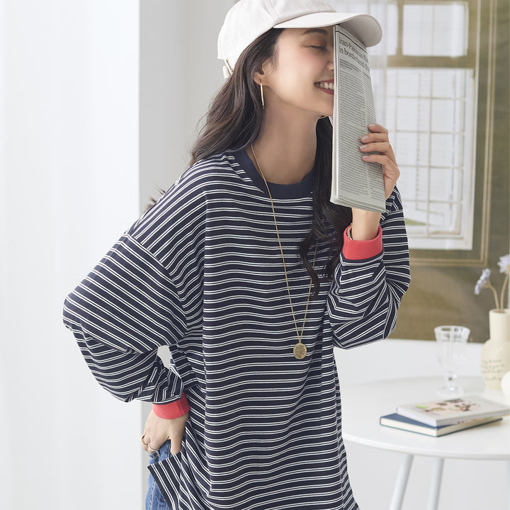 <span>【クーポンで2999円！】</span>【Tシャツ/カットソー】『遊びごころロンT』ボーダー柄袖配色ロングTシャツ