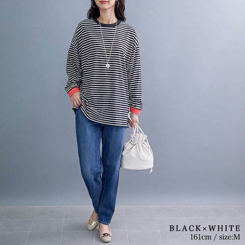 <span>【クーポンで2999円！】</span>【Tシャツ/カットソー】『遊びごころロンT』ボーダー柄袖配色ロングTシャツ