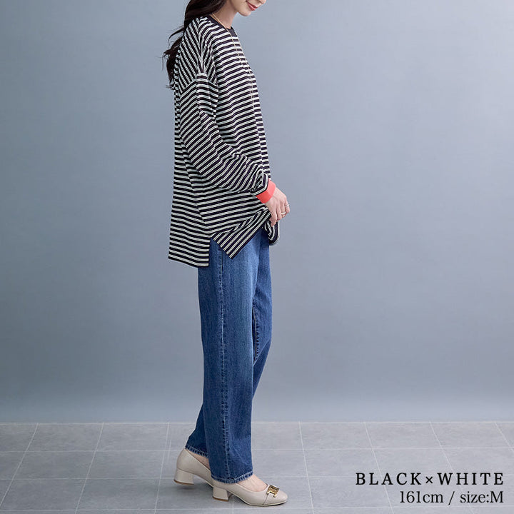 <span>【クーポンで2999円！】</span>【Tシャツ/カットソー】『遊びごころロンT』ボーダー柄袖配色ロングTシャツ