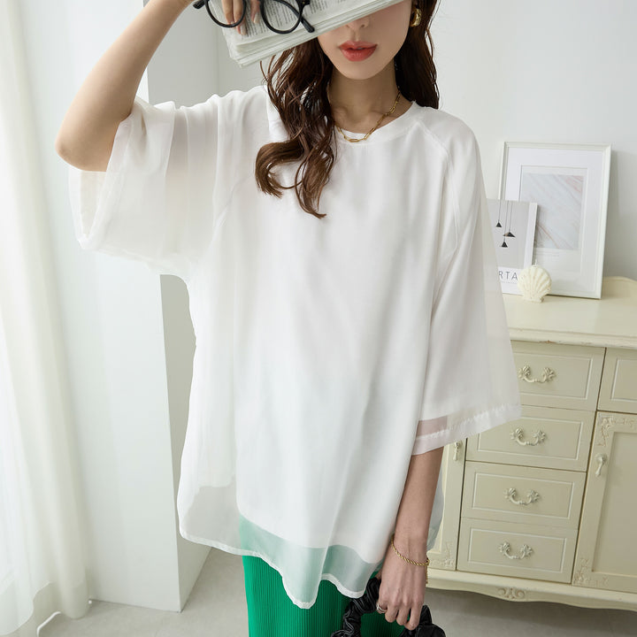 <span>【クーポンで2999円！】</span>【Tシャツ/カットソー】『抜け感エアリーTシャツ』オーガンジー重ねTシャツ