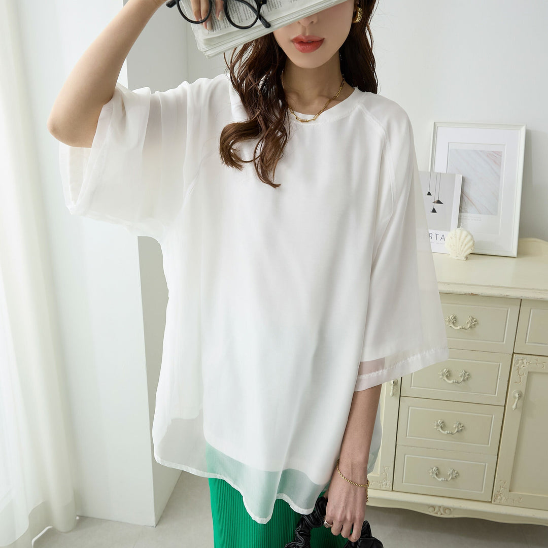 <span>【クーポンで2999円！】</span>【Tシャツ/カットソー】『抜け感エアリーTシャツ』オーガンジー重ねTシャツ