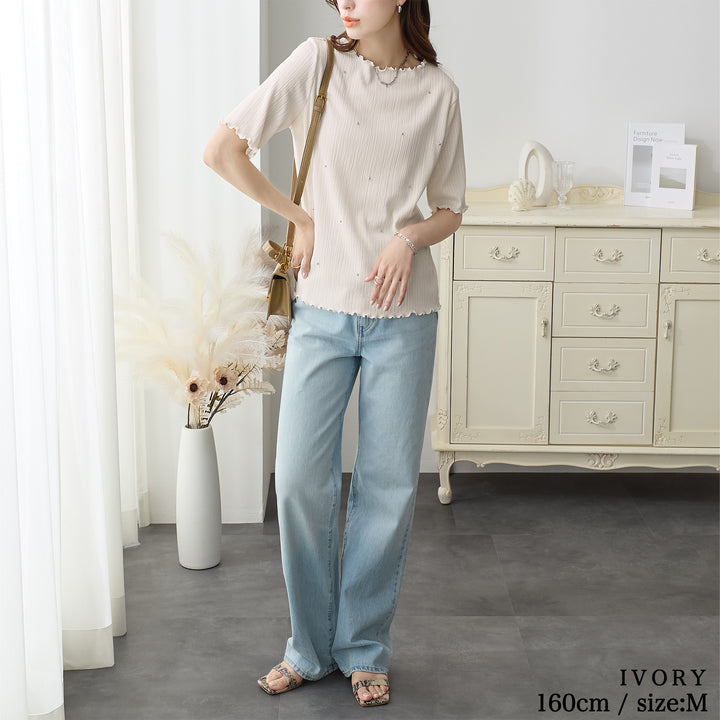 <span>【クーポンで2999円！】</span>【Tシャツ/カットソー】『活躍”ビジュー”T』ビジュープルオーバー