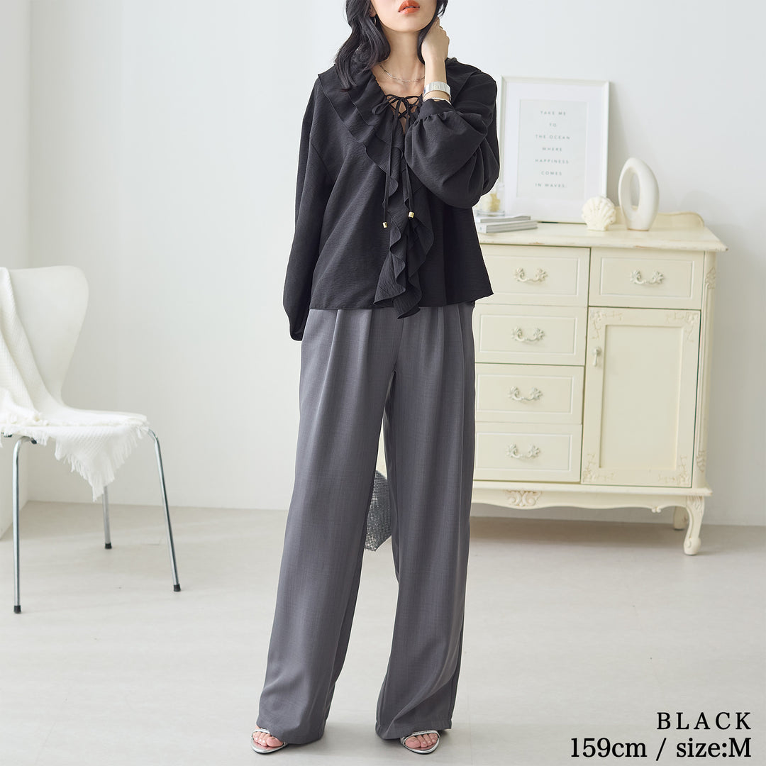 <span>【クーポンで2,999円！】</span>【シャツ/ブラウス】『レディーなフリル』パウダーデシンラッフルブラウス