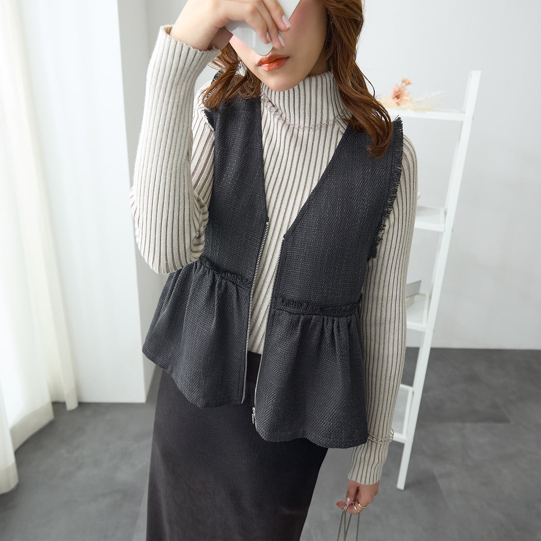 <span>【クーポンで3999円！】</span>【コート/ジャケット】『格上げツイード調ベスト』ジッパー使いツイード調ベスト