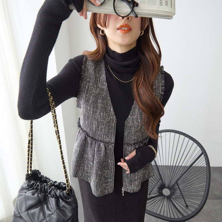 <span>【クーポンで3999円！】</span>【コート/ジャケット】『格上げツイード調ベスト』ジッパー使いツイード調ベスト