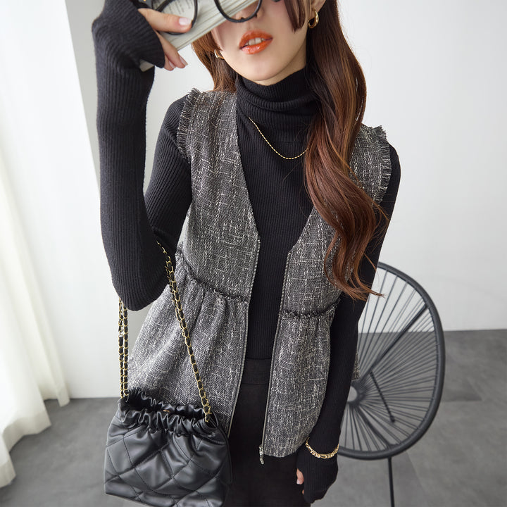 <span>【クーポンで3999円！】</span>【コート/ジャケット】『格上げツイード調ベスト』ジッパー使いツイード調ベスト