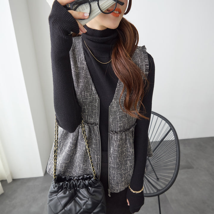 <span>【クーポンで3999円！】</span>【コート/ジャケット】『格上げツイード調ベスト』ジッパー使いツイード調ベスト