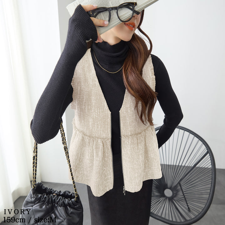 <span>【クーポンで3999円！】</span>【コート/ジャケット】『格上げツイード調ベスト』ジッパー使いツイード調ベスト