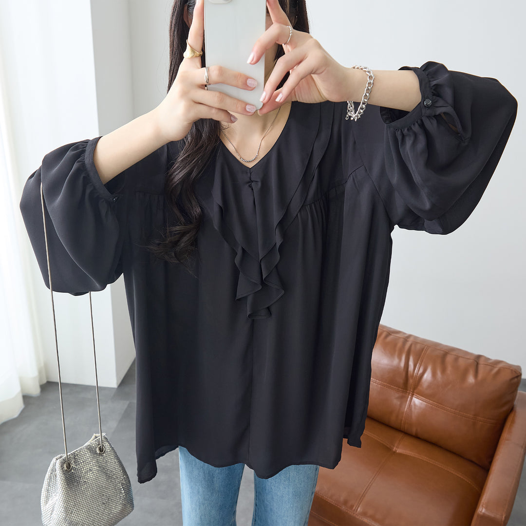 <span>【クーポンで3999円！】</span>【シャツ/ブラウス】『”ゆる”っとフリル』 フリル衿ブラウス