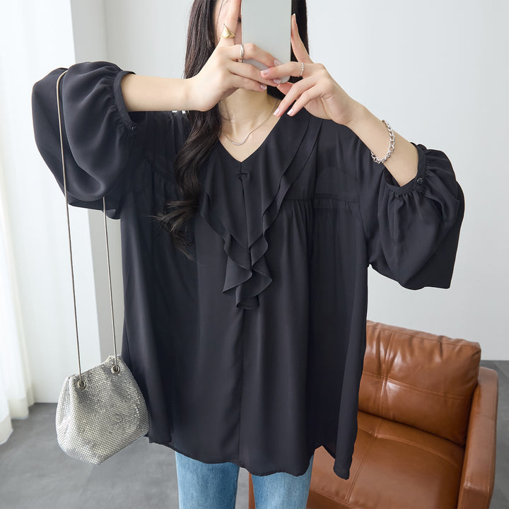 <span>【クーポンで3999円！】</span>【シャツ/ブラウス】『”ゆる”っとフリル』 フリル衿ブラウス