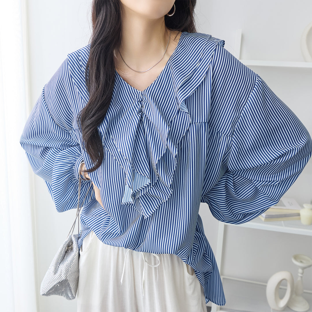 <span>【クーポンで3999円！】</span>【シャツ/ブラウス】『”ゆる”っとフリル』 フリル衿ブラウス