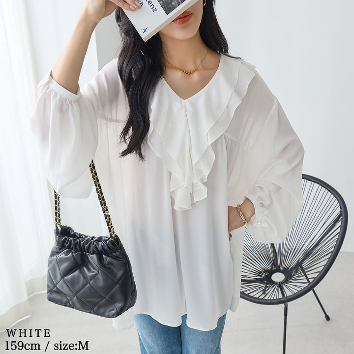 <span>【クーポンで3999円！】</span>【シャツ/ブラウス】『”ゆる”っとフリル』 フリル衿ブラウス