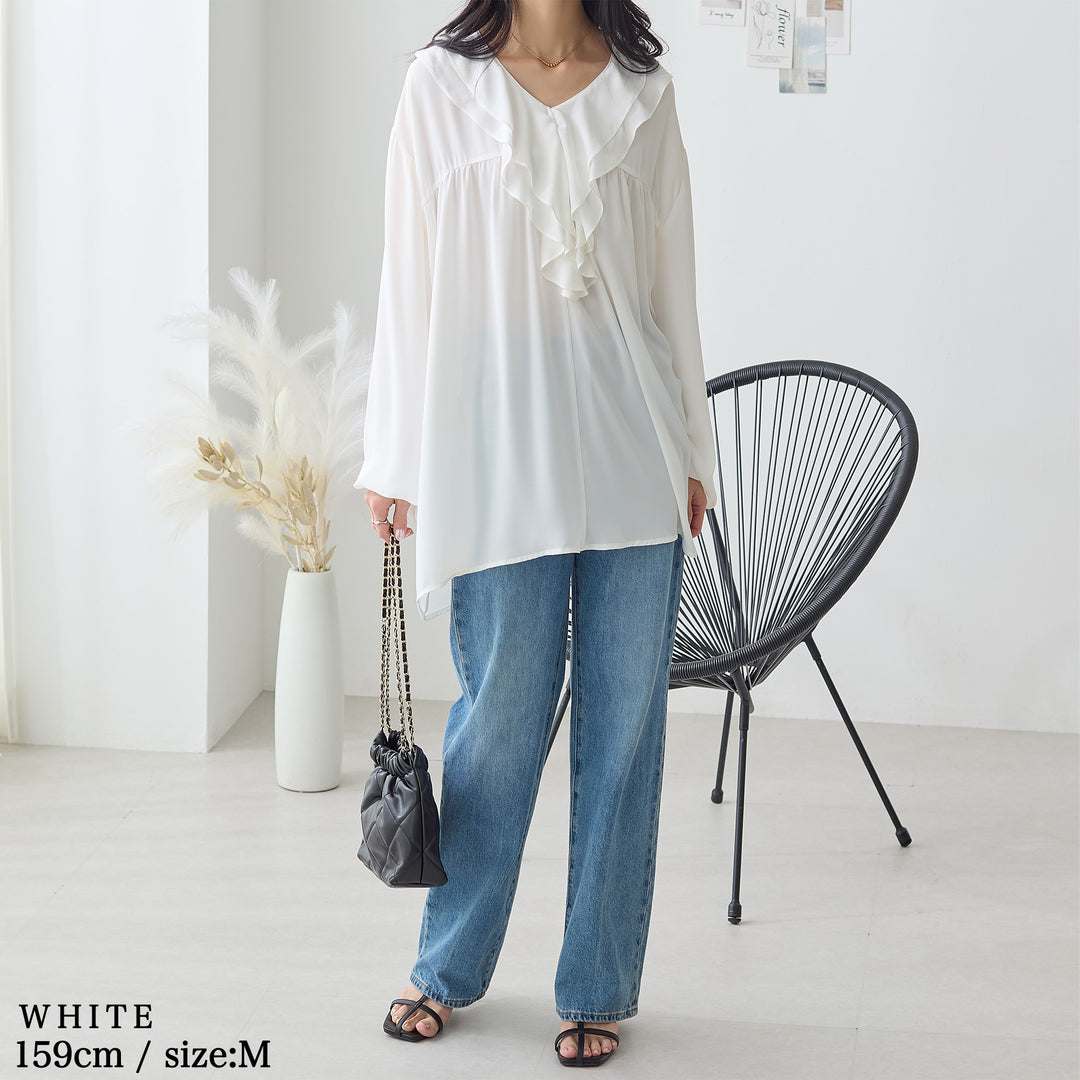 <span>【クーポンで3999円！】</span>【シャツ/ブラウス】『”ゆる”っとフリル』 フリル衿ブラウス