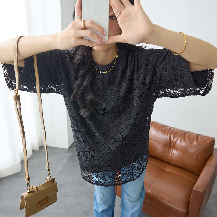 <span>【クーポンで3999円！】</span>【Tシャツ/カットソー】『着映えレーシー』 レース重ねTシャツ