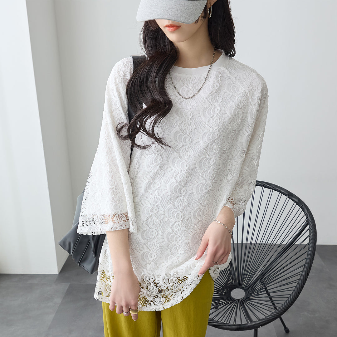 <span>【クーポンで3999円！】</span>【Tシャツ/カットソー】『着映えレーシー』 レース重ねTシャツ
