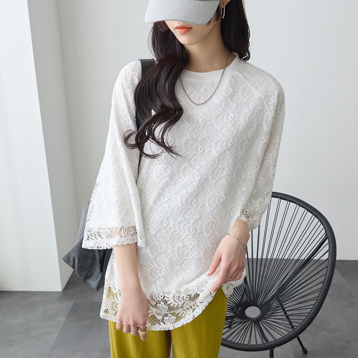 <span>【クーポンで3999円！】</span>【Tシャツ/カットソー】『着映えレーシー』 レース重ねTシャツ