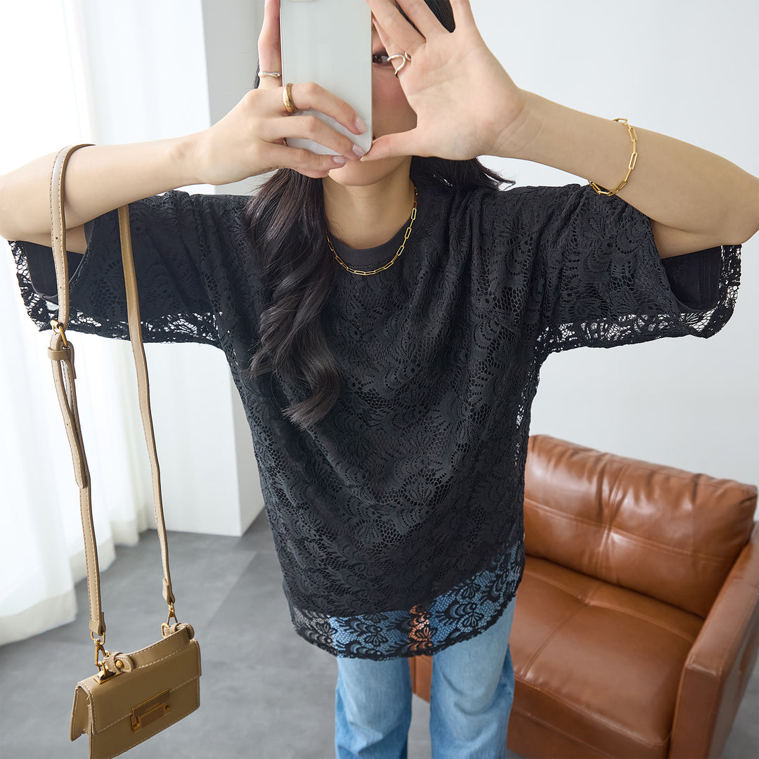 <span>【クーポンで3999円！】</span>【Tシャツ/カットソー】『着映えレーシー』 レース重ねTシャツ