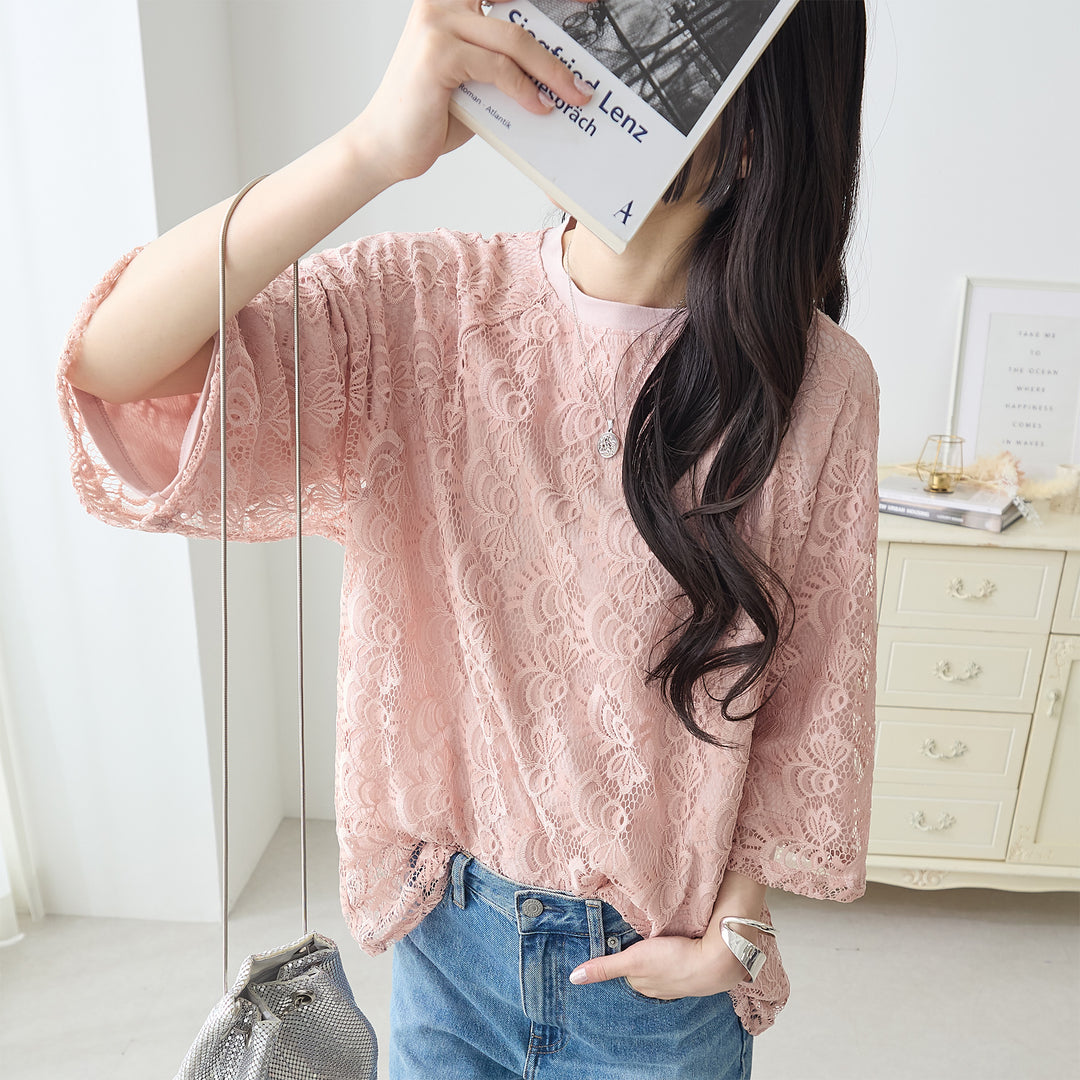 <span>【クーポンで3999円！】</span>【Tシャツ/カットソー】『着映えレーシー』 レース重ねTシャツ