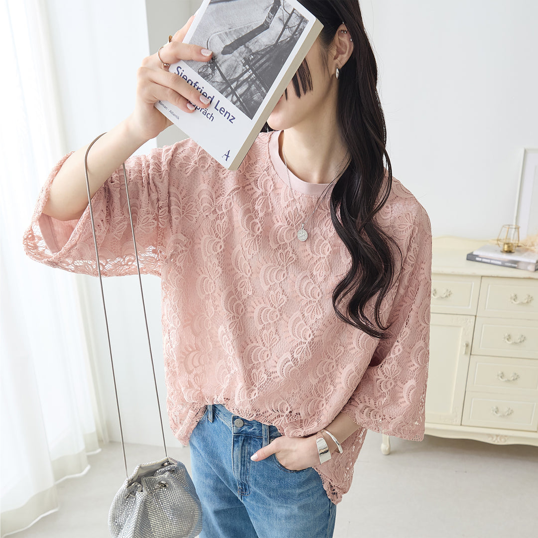 <span>【クーポンで3999円！】</span>【Tシャツ/カットソー】『着映えレーシー』 レース重ねTシャツ