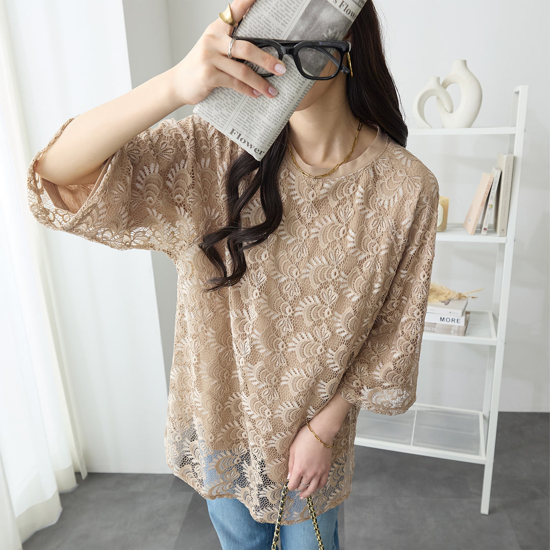 <span>【クーポンで3999円！】</span>【Tシャツ/カットソー】『着映えレーシー』 レース重ねTシャツ