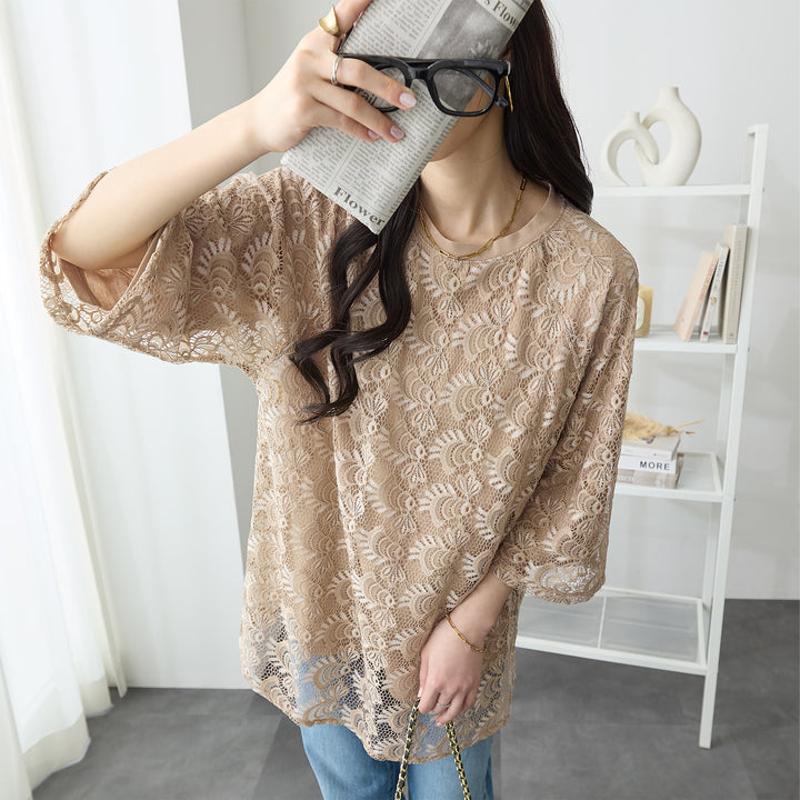 <span>【クーポンで3999円！】</span>【Tシャツ/カットソー】『着映えレーシー』 レース重ねTシャツ