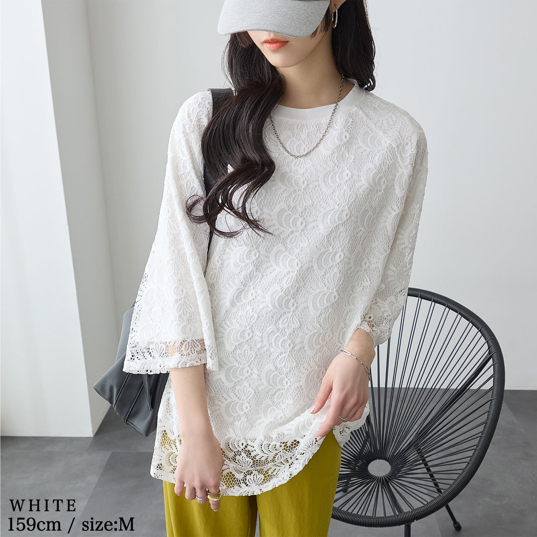 <span>【クーポンで3999円！】</span>【Tシャツ/カットソー】『着映えレーシー』 レース重ねTシャツ