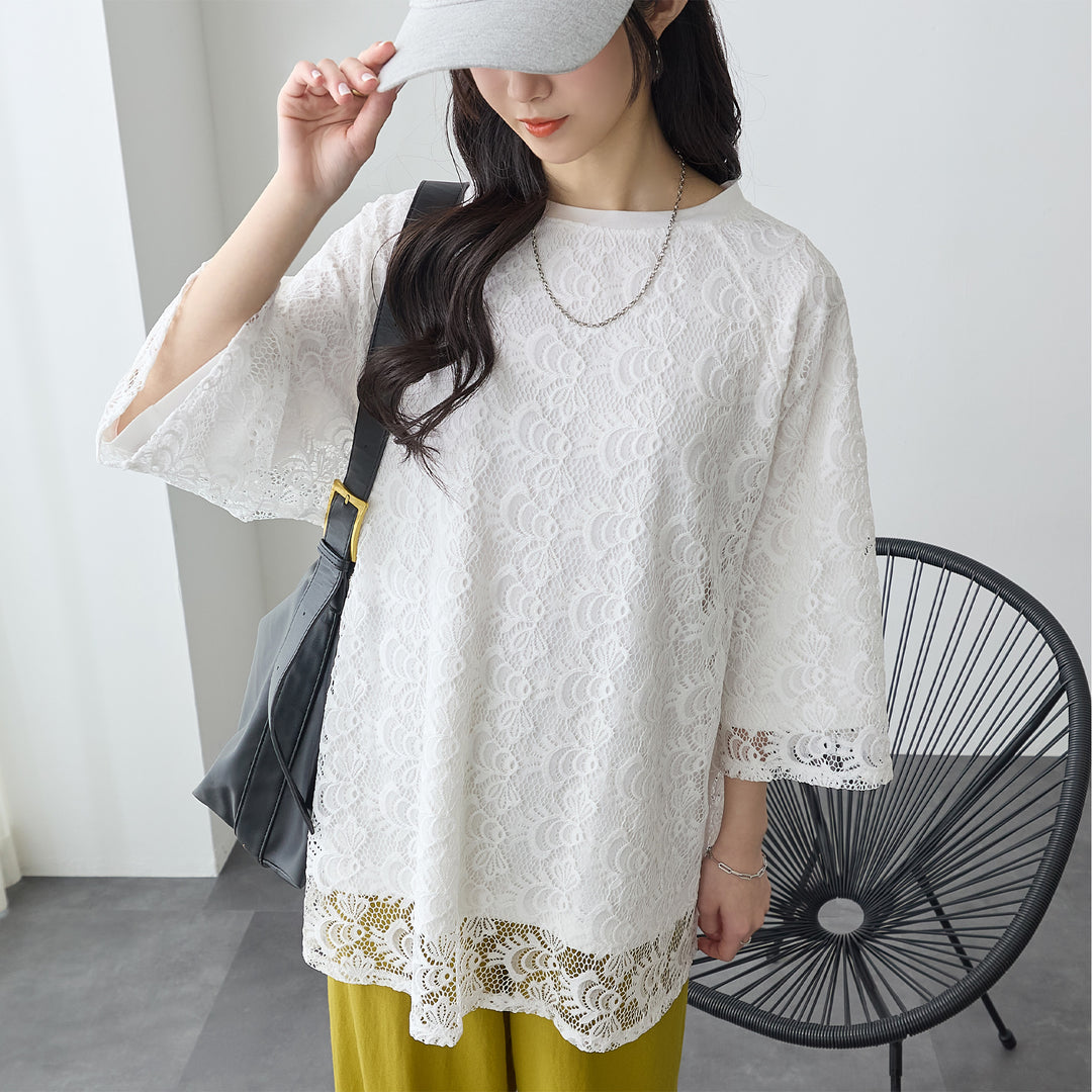 <span>【クーポンで3999円！】</span>【Tシャツ/カットソー】『着映えレーシー』 レース重ねTシャツ